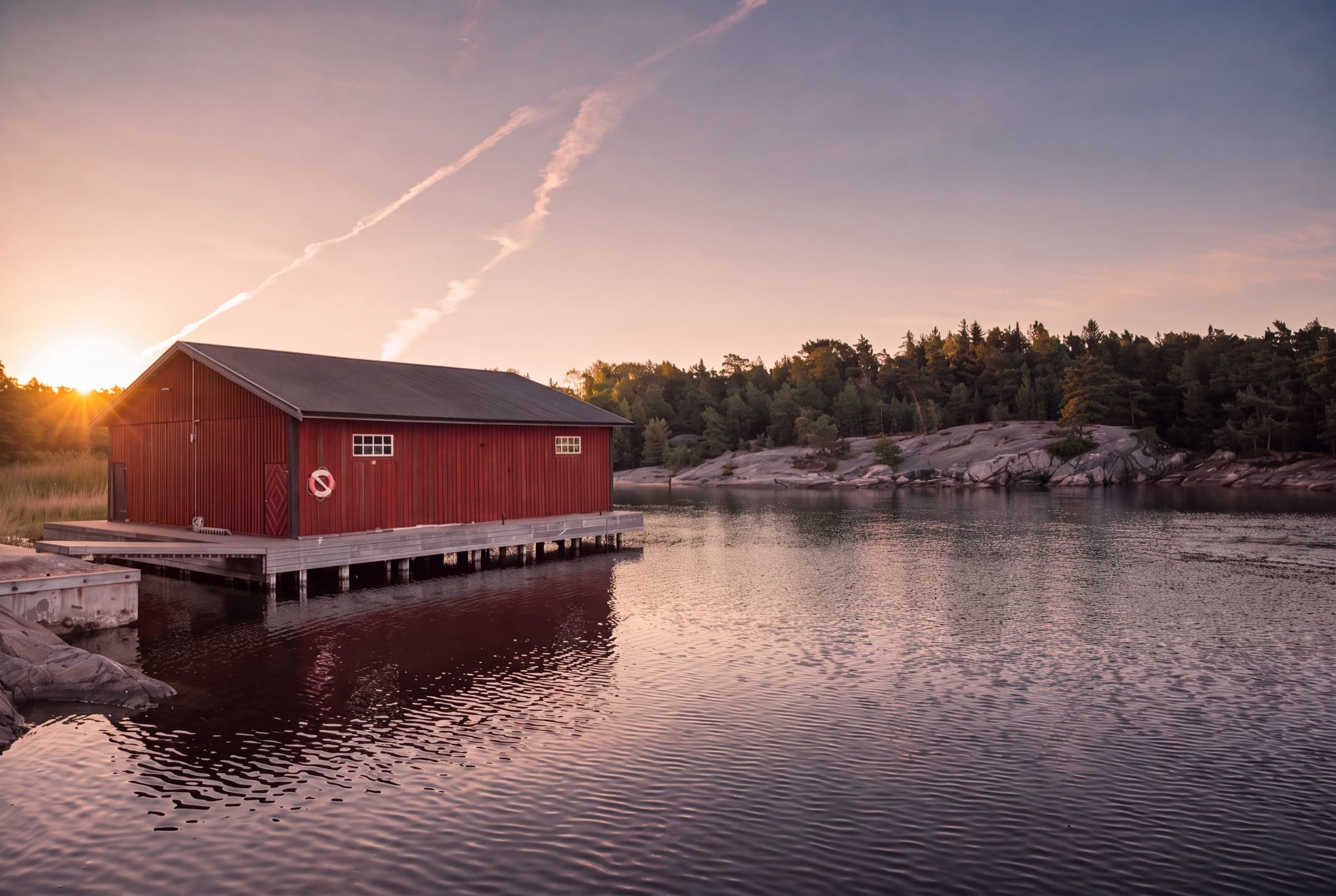 Den röda sjöboden på Fjärdlång vid vattnet i solnedgången